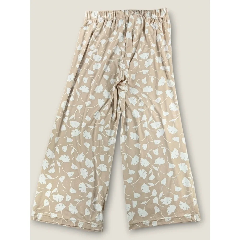La Mer Luxe Palazzo Pants Medium Beige Ginkgo Leaf‎ Wide Leg Lounge Pajama